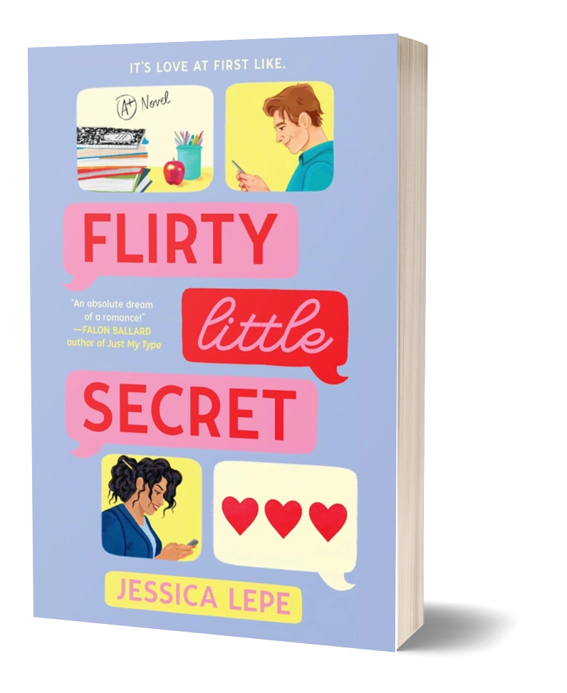 Light blue illustrated romance cover with text message-style graphics, showing a man and woman texting, books and school supplies, and a speech bubble with red hearts, titled Flirty Little Secret by Jessica Lepe